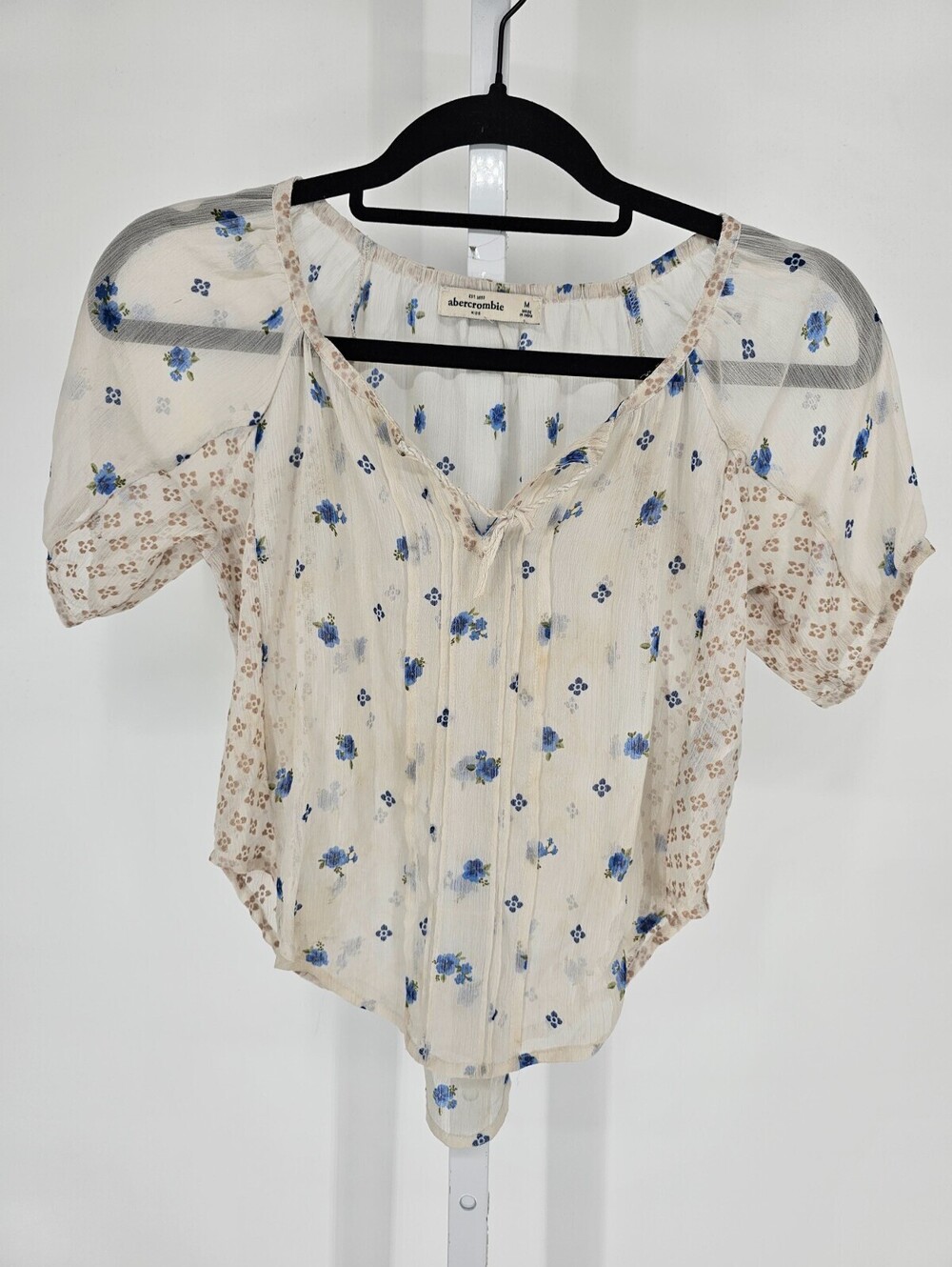 Abercrombie Kids Girls Sz M Short Sleeve Peasant Boho Top Cream Blue Floral
